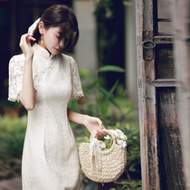 Lace medium long cheongsam improved dress Republic of China style young 2021 New Girl white retro autumn and winter