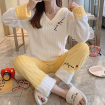 Coral velvet pajamas womens autumn and winter thickened V-collar sweet and lovely Korean Princess flannel home suit