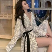 New spring and autumn sexy printed robe womens long sleeve cardigan Korean loose letter plus size Hotel beauty bathrobe