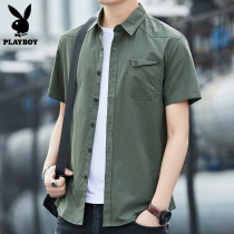 Playboy pure cotton short-sleeved shirt mens summer thin casual top clothes jacket tooling army green shirt men