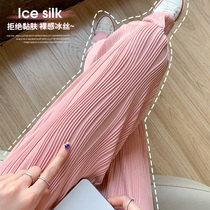 Pink Ice Silk Broadlegged Pants Woman Summer Thin 2022 new high waist pituitary pleated pleated creatpants with little subcool pants