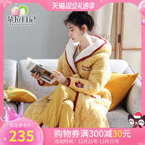 Hooded nightgown winter three-layer thick Ladies lace cute plus velvet plus cotton pajamas long warm cotton bathrobe