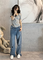 Jeans womens fashion ins2021 new spring and autumn straight loose wide leg chic Hong Kong design sense pants