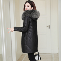 Leather down jacket womens medium length black Korean version of fat sheep leather jacket hooded fur coat coat coat