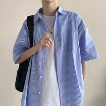 Day Ensemble Striped Shirt Male Port Wind Loose 100 Lap Short Sleeve Shirt Small Clear New Trend Casual Summer Thin blouse