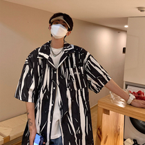 Cuban collar short sleeve shirt male and female small crowddesign Fashion Printed Shirt Summer Thin port Wind loose jacket