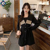 Hepburn style small black dress large size slimming female autumn navy collar tie waist temperament color long sleeve niche dress