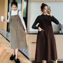 Autumn and winter New pregnant women set loose size strap skirt corduroy fashion temperament pregnant women suspender dress