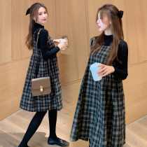  Pregnant womens dresses Autumn semi-turtleneck bottoming shirt Plaid sundress two-piece suit fashion strap skirt