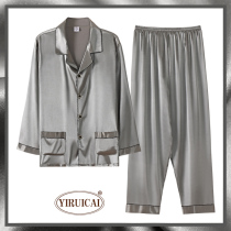 Pajamas mens summer ice silk long sleeves spring and autumn thin simulation silk high-grade gray home clothes two-piece suit