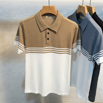 Summer ice silk lapel mens short sleeve T-shirt striped color polo shirt knitted half sleeve slim social compassionate tide