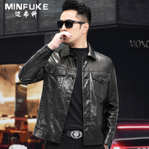 Autumn and winter top goatskin motorcycle leather mens leather jacket lapel slim jacket handsome short jacket