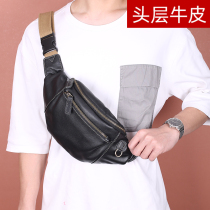 Diagonal Satchel Chest Bag Men Genuine Leather Tide Signs Pins Large Capacity Single Shoulder Type Small Moto Locomotive Casual Purse Chest Front Bag