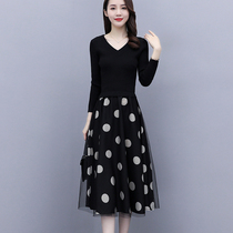Fake two-piece knitted dress dress spring and autumn 2021 womens new thin retro temperament goddess skirt