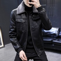 New winter mens leather jacket plus velvet thick casual leather jacket slim handsome fur collar short coat Tide brand