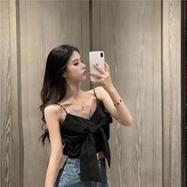 Design sense off-shoulder 2021 summer new Korean version mesh stitching bow suspender short vest top women