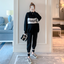 Pregnant Womens Autumn and Winter 2021 Fashion Letter Print Knitted Casual Top Korean Grandma Pants Two Piece