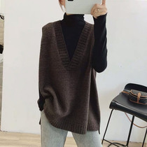 Simple V-neck sweater vest womens 2021 autumn loose and wild mid-length sleeveless outer wear wool knitted vest