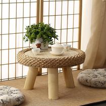 Round solid wood rattan coffee table combination household small apartment simple balcony Japanese tatami floating window table Kang table