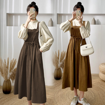 Pregnant women autumn and winter New set fashion cotton plus velvet backing corduroy strap skirt pregnant women dress two-piece set