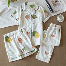 Japanese three-piece pajamas short-sleeved cotton gauze spring and summer cotton womens thin shorts trousers home service set
