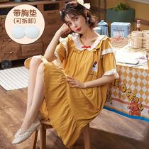 Bring your own chest pad cotton night dress womens new summer short-sleeved pajamas Korean version of cute plus size wear-free bra dress