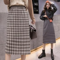 Autumn and winter hairy Plaid womens long skirt 2021 one step skirt new high waist A- line dress hip skirt skirt