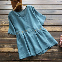  Art Summer New Products Womens Clothing Loose Big Code T-shirt Embroidered Decorative Round Collar Short Sleeve Doll Blouse Blouse