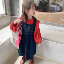 Childrens clothing girls 2021 autumn dress autumn new denim skirt childrens foreign style belt skirt dress tide