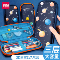  Deli pencil case for primary school students Stationery box Mens 3D three-dimensional relief multi-layer large-capacity student pencil case multi-function cartoon cute boy childrens stationery bag Pencil bag