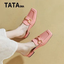 TATA SMA he she Sman summer leather leather slippers womens Baotou square head metal buckle thick heel all-match sandals