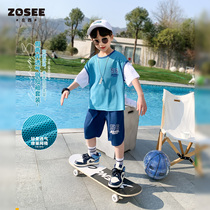 Left West Boy Short Sleeve Suit Summer Dress 2022 New Ocean Gas Boy Breathable Sportswear Children Two Sets Summer