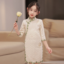 Embroidery qipao girl retro improved long sleeve autumn section 2023 new little girl child great boy cute even dress