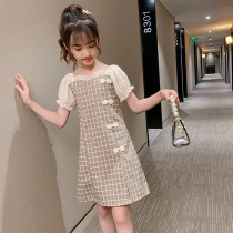 Net red mother womens casual Chinese style dress in the big child girl retro bubble sleeve plaid improved cheongsam skirt