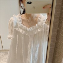 Korea chic cotton night dress womens summer thin lace short-sleeved medium-long sweet princess style pajamas home clothes