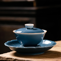 Minchuang Sansai Gaiwan Teacup Ceramic Ji blue glaze handmade large single tea bowl Household Kung Fu tea set