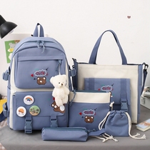 Five-piece Primary School schoolbag female ins Korean version Junior High School large capacity girl hipster canvas backpack