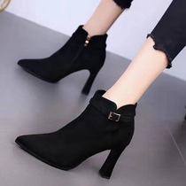 Autumn and winter high heels womens new net red thin boots plus velvet color color short boots wind rough heel boots