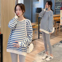 Pregnant Woman Spring Clothing Clothing Fashion Striped Long Sleeve Head Boomer T-shirt Loose Big Code Mid-Length blouses undershirt