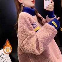 Large size women's 2022 new high collar lamb wool sweater plus velvet padded women's loose Korean coat coat autumn and winter