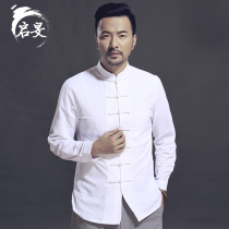 Tang suit mens long sleeve shirt Chinese style Hanfu cotton mens Chinese collar buckle tea clothing ancient style