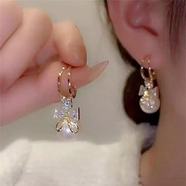 Design sense pearl earrings temperament celebrity style bow earrings light luxury zircon earrings S925 silver needle