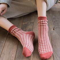 3 pairs of socks women tide autumn and winter thick net red trend retro thousand bird grid Korean version of curled side tube pile socks