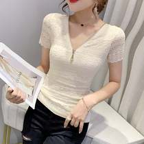 European station summer dress new sexy V-neck lace shirt womens short sleeve slim slim hollow zipper shirt tide