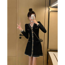 MUEL original ◆ small fragrance style knit dress 2022 new womens autumn waist thin black long-sleeved skirt