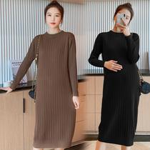 Pregnant women dress autumn and winter clothes out fashion style foreign temperament Net red knitted long knee sweater thickened winter