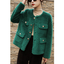 2021 New French socialite small fragrant style lamb wool plus velvet thickened coat women autumn and winter high sense green top