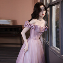 Pink evening dress dress womens new 2021 explosive temperament light luxury niche high-end design advanced art test Vocal music