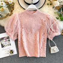 Retro court style Princess Bubble Sleeve foreign style chic wind sweet lace small stand collar slim short top female summer