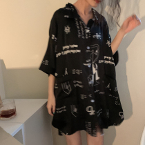 Xin Help Homedress Dark Black Department boyfriend Wind length Home Pyjamas Loose Ice Silk Shirt Sleeping Skirt women Summer